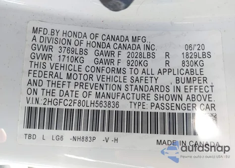 2020 Honda Civic Sport z USA, uszkodzony, nr VIN 2HGFC2F80LH563836